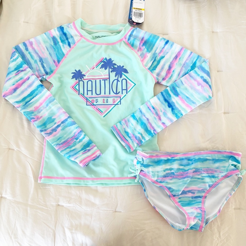 Nautica girls UV protection swim set bikini with rashguard top medium 8 / 10